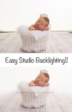 a baby sleeping in a white basket with the words easy studio backlighting on it