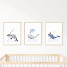 three framed whale prints on the wall above a crib