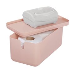 a pink box with two rolls of toilet paper in it and a tissue dispenser on top