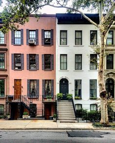 several multi - colored townhouses line the street in front of a tree and sidewalk