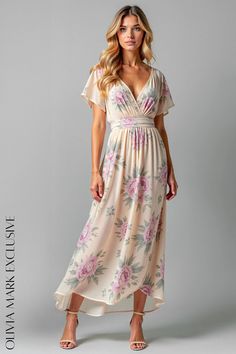 Olivia Mark - Elegant Floral Wrap Maxi Dress with V-Neckline and Short Flutter Sleeves Ethereal Fabric, Floral Wrap Maxi Dress, Wrap Maxi Dress, Elegant Floral, Maxi Wrap Dress, Flutter Sleeves, Cinched Waist, Floral Maxi, Olivia Mark