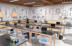 an empty classroom with desks and chairs in front of a projector screen on the wall