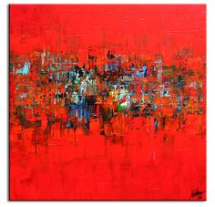 an abstract painting with red and blue colors