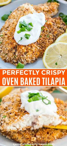 two images with different types of food on them and the words perfectly crispy oven baked til