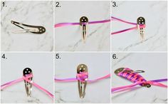 instructions to make a pink and black shoelace bracelet with metal clasps on marble background