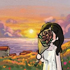 a painting of a woman holding a bouquet of flowers in front of a sunset over the ocean