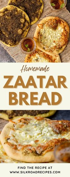 homemade zaata bread with cheese and sauces on the top, and an image of pizza