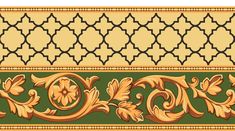 an ornate border with flowers and leaves in gold on olive green fabric by couture designs