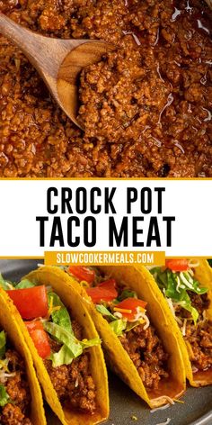 Taco meat in a crock pot and in hard taco shells. Crock Pot Taco Meat, Ground Beef In Crockpot, Hamburger Crockpot Recipes, Crockpot Taco Meat, Crockpot Beef Tacos, Taco Recipes Ground Beef, Taco Meat Recipe, Ground Beef Crockpot Recipes, Crockpot Taco