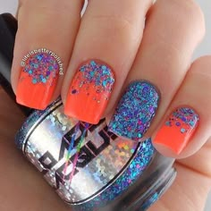 Nails Orange, Blue Glitter Nails, Nails Opi, Silver Glitter Nails, Ombré Nails, Gold Glitter Nails, Moon Nails, Orange Neon, Nail Colours