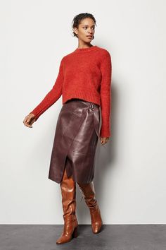 Faux-Leather Wrap Skirt | Karen Millen Midi Leather Skirt Outfit, Jw Fashion, Style Analysis, Denim Jumpsuits, Leather Skirt Outfit, Chic Winter Outfits, Ladies Clothes Fashion, Dark Autumn, Business Outfits Women