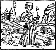 an old drawing of a woman holding a knife in her right hand and looking at the ground