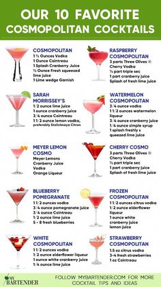 the top ten cocktails for your favorite drink is shown in this info sheet, which includes