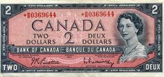 an old canadian two dollar bill with the image of a woman's face on it