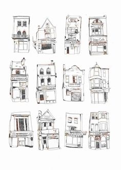 nine drawings of different houses on white paper