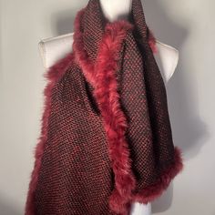 Elegant Scarf With Luxurious Fur Trim. Perfect For Adding Warmth And Style. Big Scarves, Elegant Scarf, Elegant Scarves, Red Fox, Fox Fur, Fur Trim, St John, Black Red, Fox