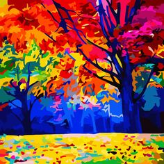 an abstract painting of colorful trees in the fall