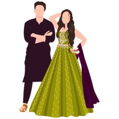 Indian Wedding Couple Outfits, Wedding Couple Outfits, Outfits Traditional, Couple Illustration Wedding, Bride And Groom Cartoon, Traditional Lehenga