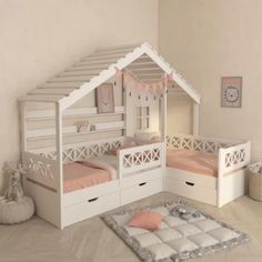 a child's bedroom with bunk beds and storage drawers on the floor, including a rug