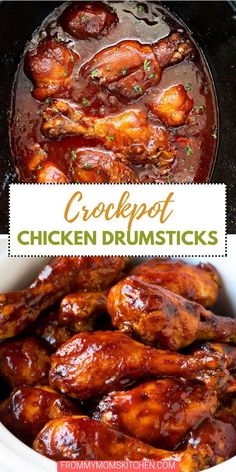 crockpot chicken drumsticks in a slow cooker with text overlay