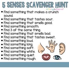 the five senses scavenger hunt is shown with an image of someones hand