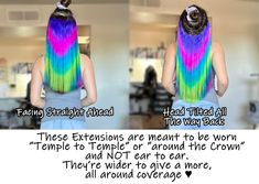 Rainbow Tides one piece clip in human hair extensions have dimensional tones of purple, pink, yellow, and jade rainbow color melt • 1 Piece 12 inches wide with 5 clips • Made with 24" of double weft 100% Remy Human Hair• Optional Root Color is 1"- 1.5" long Rainbow Hair Extensions, One Piece Clip, Color Melt, Teal And Green, Root Color, Rainbow Prism, Color Melting, Halo Style, 100 Remy Human Hair