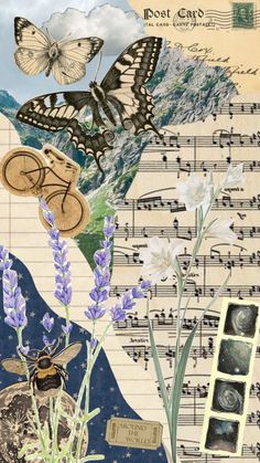 an altered collage with butterflies, flowers and music notes on it's side