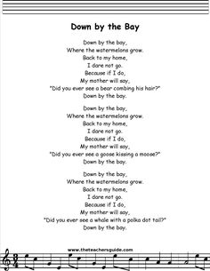 the song down by the bay, written in black and white with music notes on it