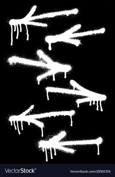 white paint drips on black background in the shape of an arrow and four different angles