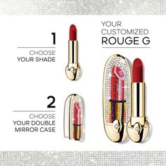 For the festive season, Violette, Guerlain Make-Up Creative Director, has been inspired by artist Shourouk Rhaiem’s rhinestone world to create the limited-edition Rouge G Embrasse-Moi! The jewel case is adorned in rhinestones and reveals an original design by Shourouk Rhaiem: a lipstick bullet with holographic reflections. Pair this exclusive jewel case with the Rouge G refill of your choice from a wide range of highly pigmented satin or velvet matte shades. Rouge G, Guerlain’s iconic jewel lipstick, has been reinvented in an ultra-care version paired with a wide range of highly pigmented, long-wearing shades available in a satin or velvet matte version. 89% skincare-based¹, its formula exclusively developed with natural-origin waxes includes a lily oleo extract with smoothing and regenera Guerlain Lipstick, Guerlain Rouge G, Wearing Shades, Guerlain Makeup, Double Mirror, Bare Lip, Velvet Lipstick, Lipstick Case, Jewel Case