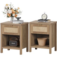 two nightstands with flowers and an alarm clock on each one, both side by side