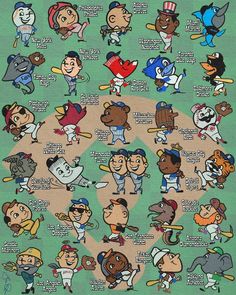 an image of cartoon baseball players and their names on a green background with words in the middle