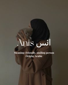 a woman in a brown coat holding a small dog with the words,'meaning friendly smiling person origin arabic