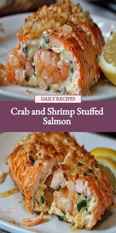 Crab stuffed salmon, Shrimp stuffed salmon, Seafood stuffed salmon, Salmon surf and turf, Stuffed seafood recipe, Elegant seafood dinner recipe Shrimp Stuffed, Stuffed Salmon, Salmon Recipe, Salmon Fillets, Flavorful Recipes, Salmon Recipes, Weeknight Dinner, Crab, Main Dishes