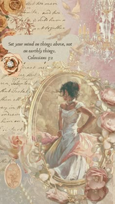 an altered photograph of a woman in a dress with roses on the bottom and words below