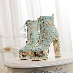 Women Ankle Boots Flower Pattern Platform High Heels Lace-Up Short Boot Pumps | eBay Fairy Shoes, Cute High Heels, Fancy Things, Popular Boots, Dr Shoes, Cute Shoes Heels, Dream Aesthetic, Square Toe Heels, Fancy Shoes