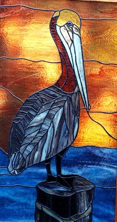 a painting of a pelican sitting on top of a piece of wood in front of a stained glass window