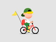 a man riding a bike with a flag on it's back and wearing a green hat