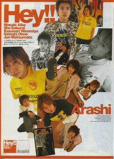 an advertisement for the magazine arashi featuring young men in yellow shirts and black pants