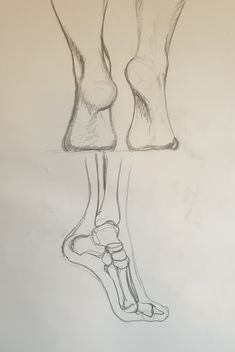 a pencil drawing of two feet and one leg