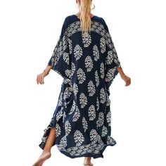 Navy Blue Print Long Kinimo Beachwear Casual Boho Print Beach Dress, Chic Blue Beach Cover-up, Casual Blue V-neck Beach Dress, Casual Flowy Cover-up For Resort Season, Blue Beach Dress For Summer Outings, Chic Blue Cover-up For Vacation, Chic Blue Kaftan For The Beach, Casual Floral Print Kaftan For Summer, Casual Beach Kaftan For Spring