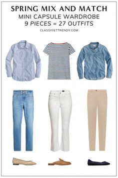 Spring Classic Outfit Mix and Match: 9 Pieces = 27 Outfits - Classy Yet Trendy Mini Spring Capsule Wardrobe, 7 X 7 Challenge Wardrobe, Coastal Grandmother Fall Outfits, Mini Capsule Wardrobe, Petite Dressing, Wardrobe Checklist, French Minimalist, 27 Piece, Spring Teacher Outfits