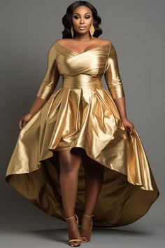 Xpluswear Design Plus Size Cocktail Party Gold Off The Shoulder 3/4 Sleeve High Low Hem Glitter Maxi Dresses Debutante Ball Guest Dresses, Stunning Party Dresses, Evening Gowns Elegant Plus Size, Formal Ball Gowns Elegant, Plus Size Gatsby Outfit, Beautiful Plus Size Dresses, Long Cocktail Dress Classy Evening Gowns, Formal Party Dress Plus Size, Plus Size Gold Dress