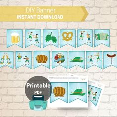 the printable diy banner is hanging on a brick wall with other items in it