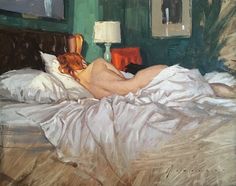 a painting of a woman laying in bed