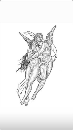 a drawing of an angel holding a woman