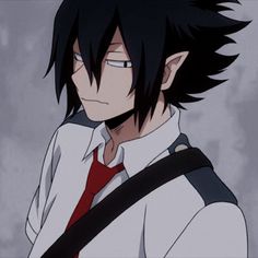 an anime character with black hair wearing a white shirt and red tie