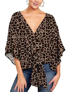 Batwing Sleeves Half Sleeves Knot Leopard V-Neck Blouses&Shirts Tops Moda Kimono, Mode Kimono, Knotted Blouse, Streetwear Shirts, Leopard Print Shirt, Tie Front Blouse, Tops Casual, Womens Tops Summer, Loose Fitting Tops