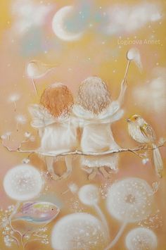 two children are sitting on a branch with dandelions and bubbles in the air