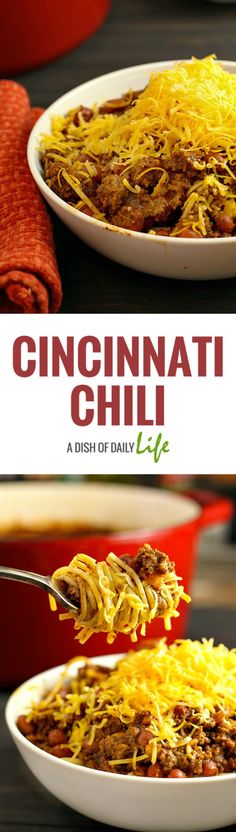 a bowl of chili with cheese on top and the words, cincinnati chili above it